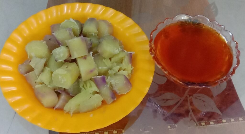 Jaggery and sweet potato pieces in plate, Sweet potato recipe.