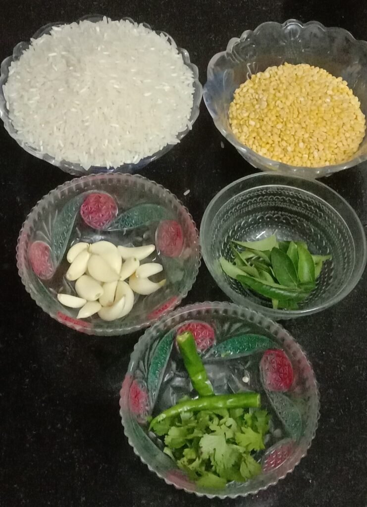 ingredients for moong dal khichdi, Moong dal khichdi.