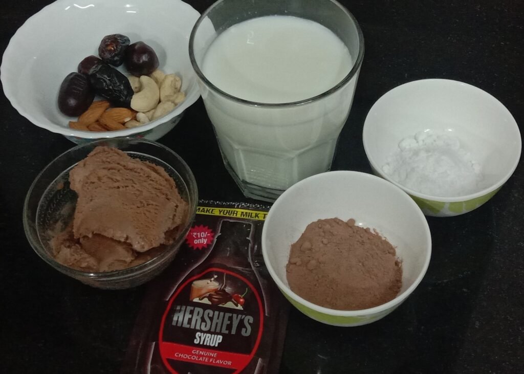 Ingredients for chocolate milkshake, Chocolate milkshake recipe.