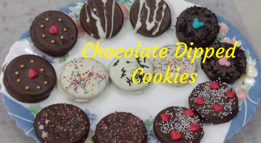 Chocolate dipped coookies in plate with garnishing, Chocolate dipped cookies recipe.