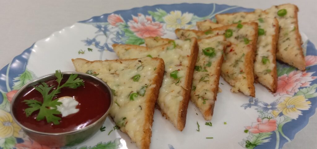 Chilli cheese toast in serving plate, Chilli cheese toast.