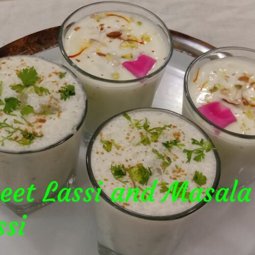 Sweet and mattha-masala lassi in 4 glasses