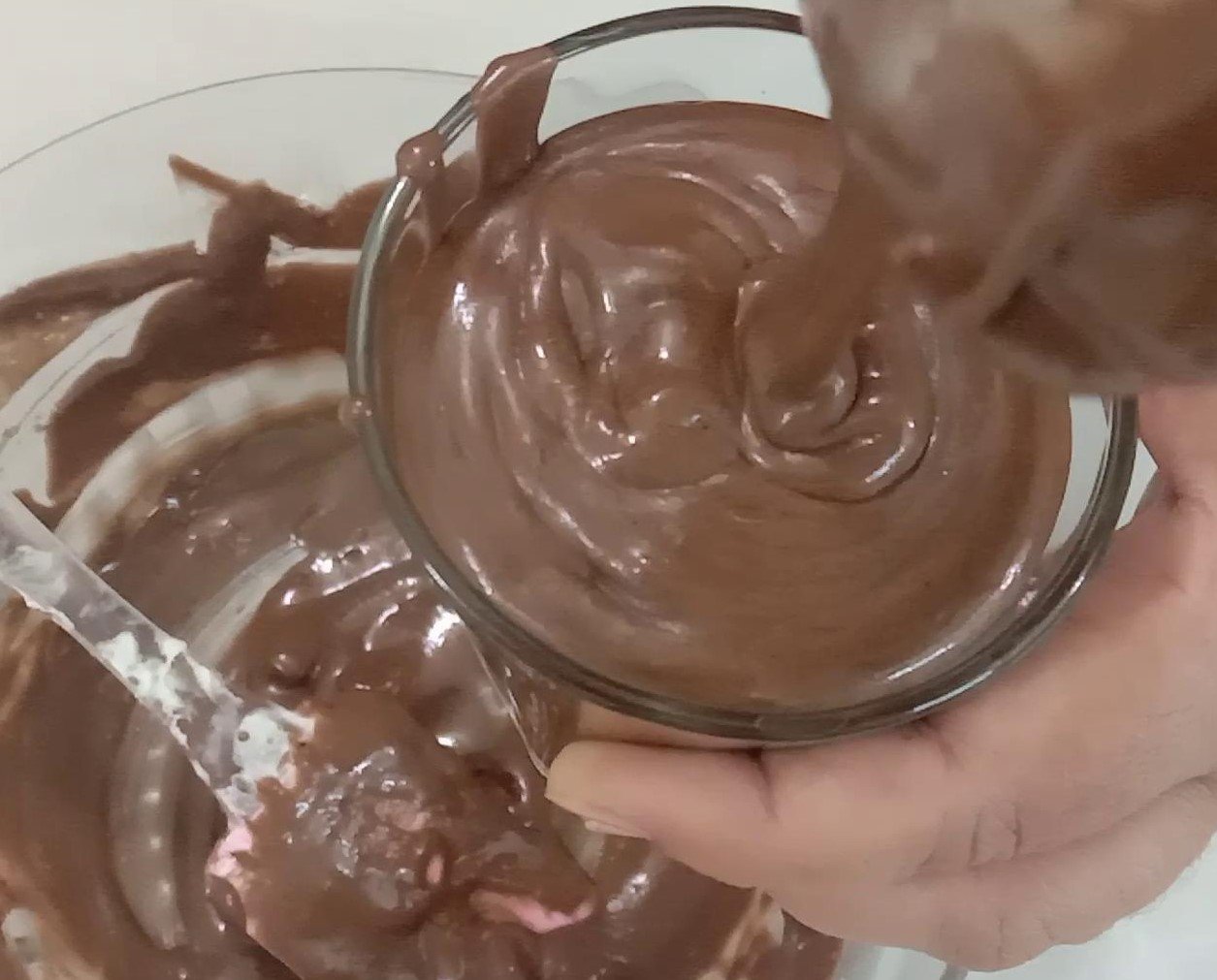 Pouring Chocolate mousse in serving glass-1, Chocolate mousse recipe. 