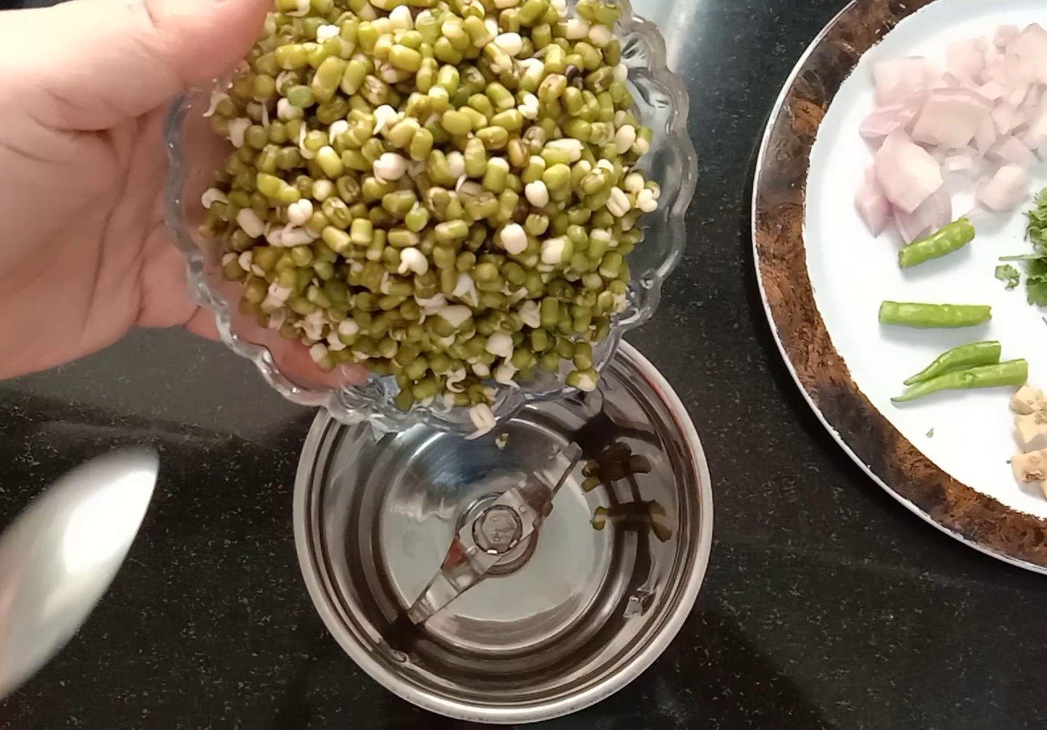 Adding Sprouted moong to mixer jar, Moong sprouts pakoda | Sprouted Moong Pakoda | Sprouted mung bean fritters. 