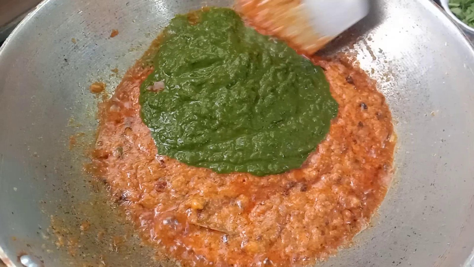 Adding spinach paste to masala, Palak paneer-Spinach Paneer